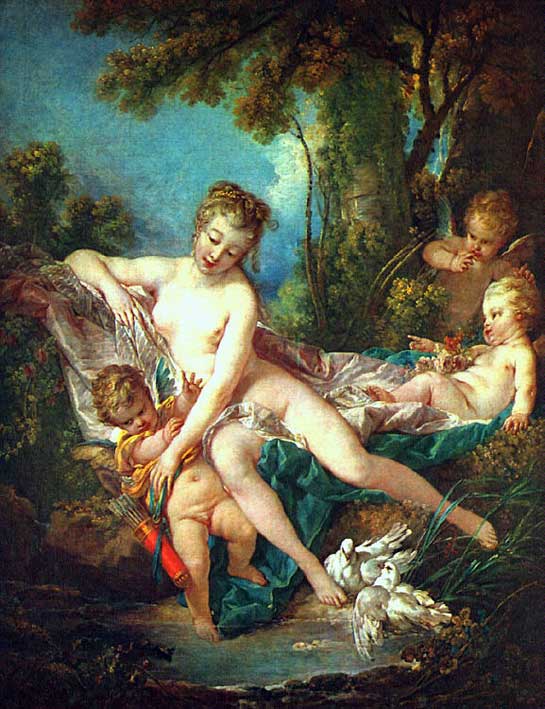 картинка №49  голая женщина развлекается с тремя амурами, живопись эротика