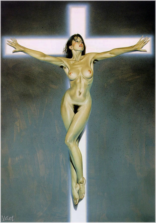 картинка №88  голая девушка с волосатыми подмышками и лобком на кресте в позе Христа. Валежио, живопись эротика