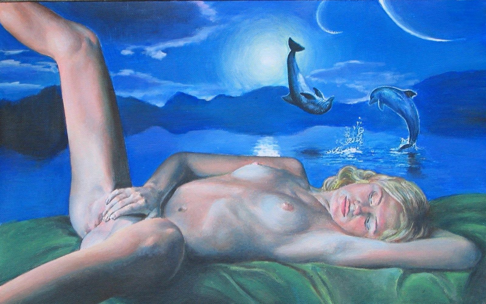 картина блондинка и дельфины, голые девушки на морском берегу 2
