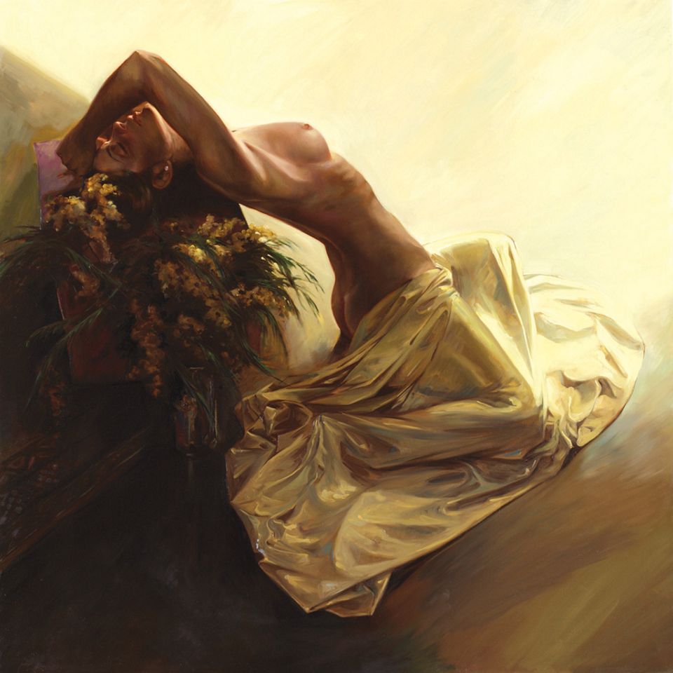 обнаженная девушка с цветами в волосах, современная живопись