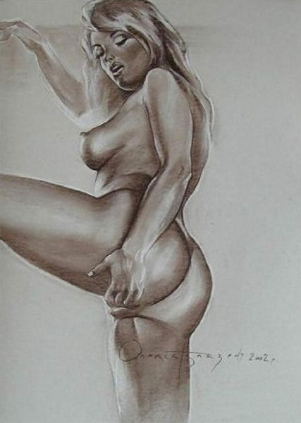 рисунок молодой обнаженной женщины пальцами раздвугающей свои половые губки стоя на одной ноге, эротика рисунок