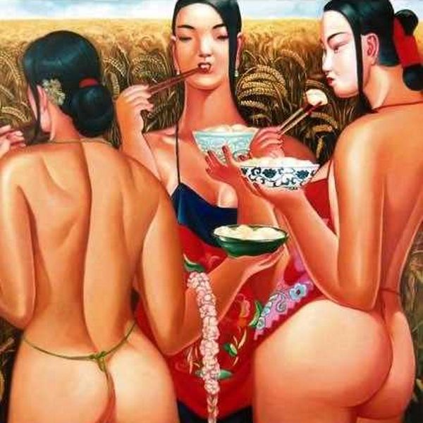 голые китаянки поедают рис на фоне пшеничного поля, эротика рисунок