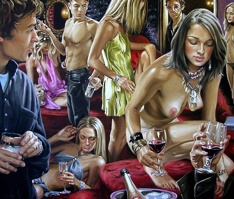 голая студентка сидит на корточках с бокалом вина на студенческой оргии, эротика рисунок