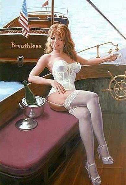 девушка в нижнем белье на палубе яхты с бокалом вина, эротика рисунок