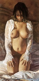 грустная девушка с большой грудью сдит в кружевной рубашке, эротическая живопись 001