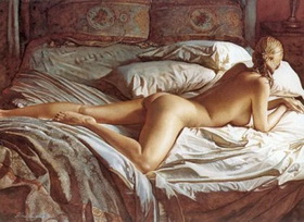 длинная девушка в неглиже на кровати, эротическая живопись 005