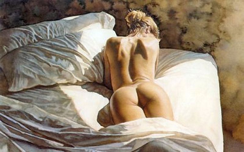 голая попка проснувшейся девушки в лучах утреннего света, картинка эротической живописи