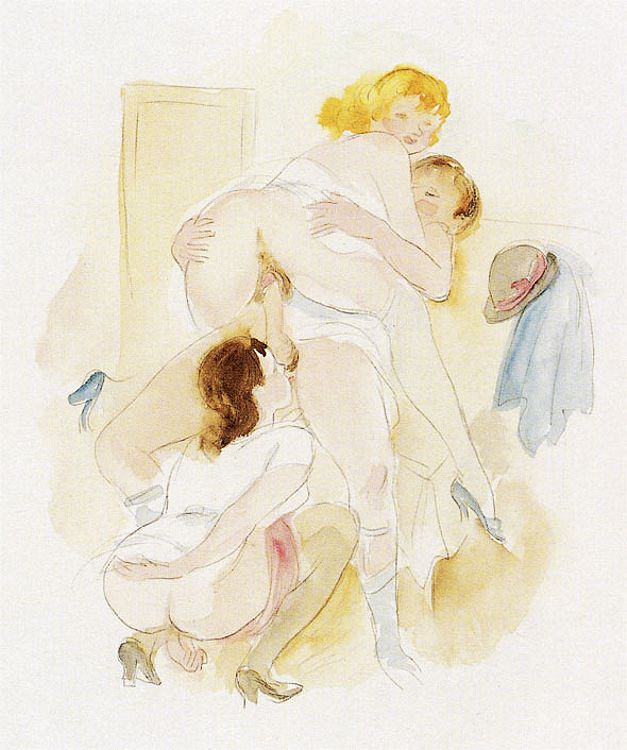 акварель, секс торговца с двумя подружками, картинка эротической живописи