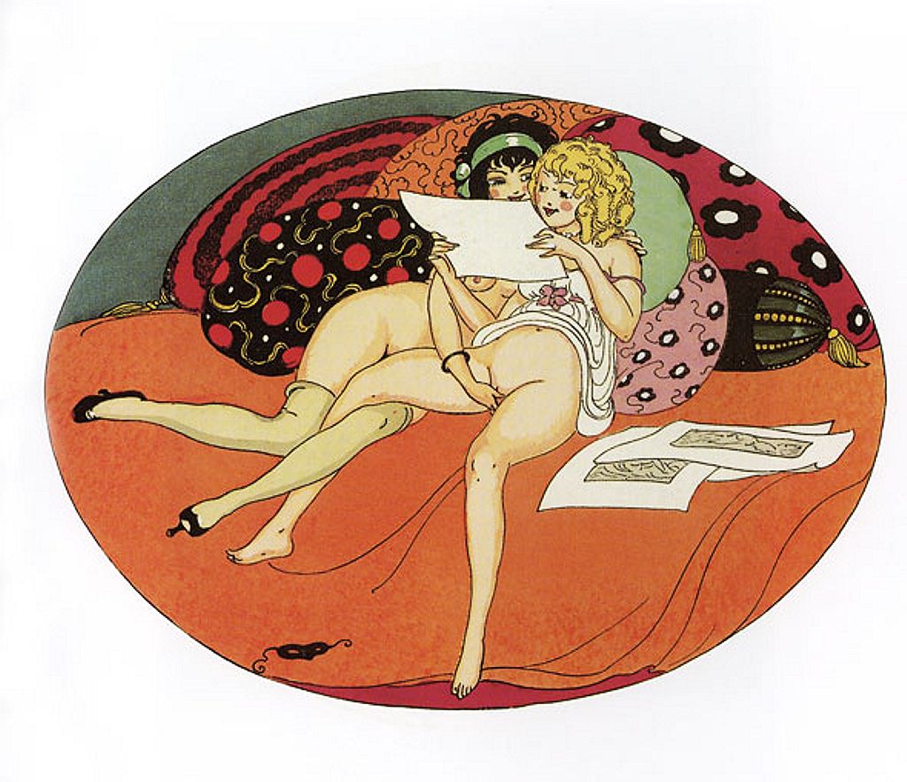 две девушки на подушках разглядывают пошлые картинки, картинка эротической живописи