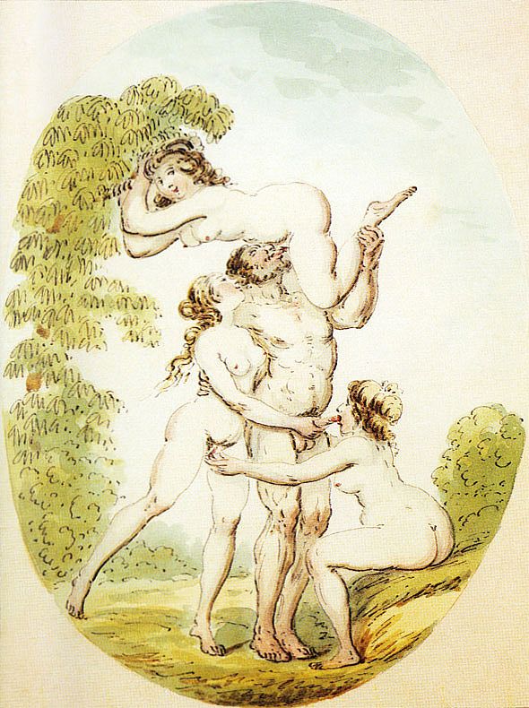 три грации в голом виде ублажают одного волосатого мужика, картинка эротической живописи