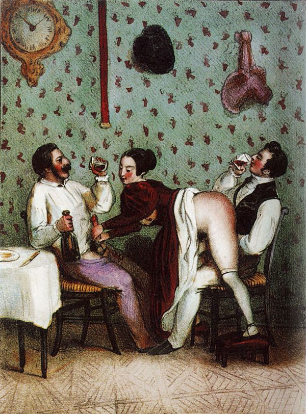 жена трактирщика ублажает сразу двух господ одновременно подливая им вина, картинка эротической живописи