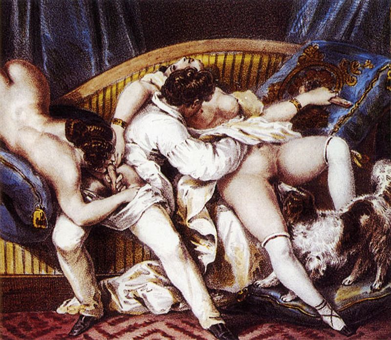 группововй секс двух толстых барышень со своими кавалерами и их собакой лижущей вульву одной из них, картинка эротической живописи