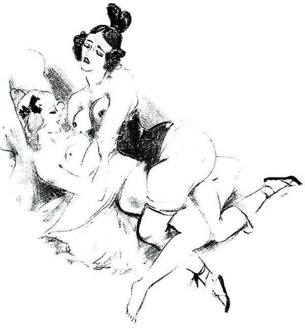 две пышные девушки заняты сексом на кровати, картинка эротической живописи