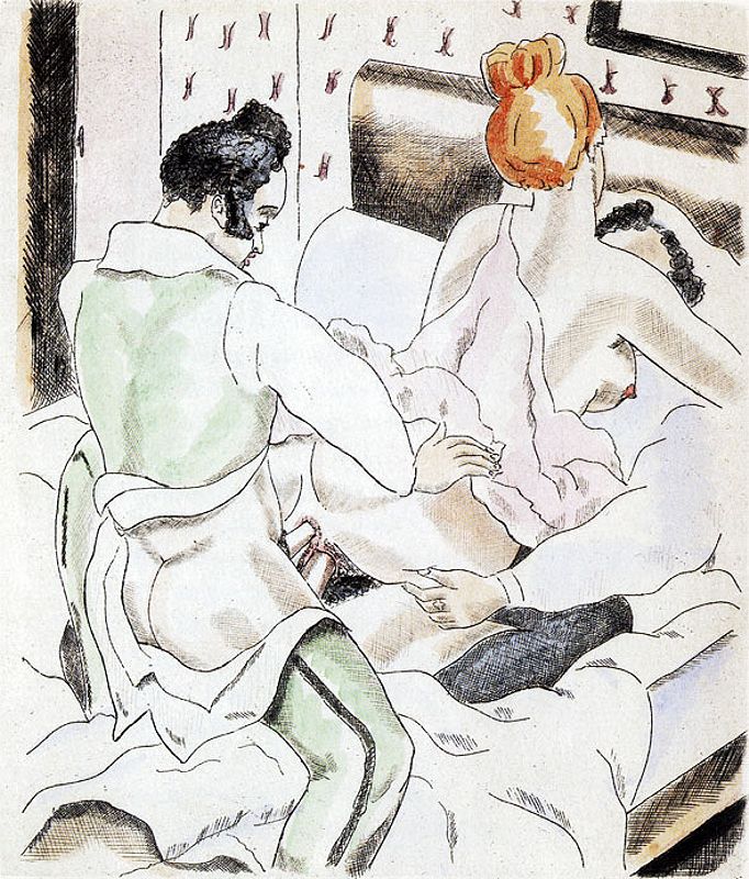 двое мужчин трахают рыжую толстую тетку с двойным проникновением в анус и вагину, картинка эротической живописи