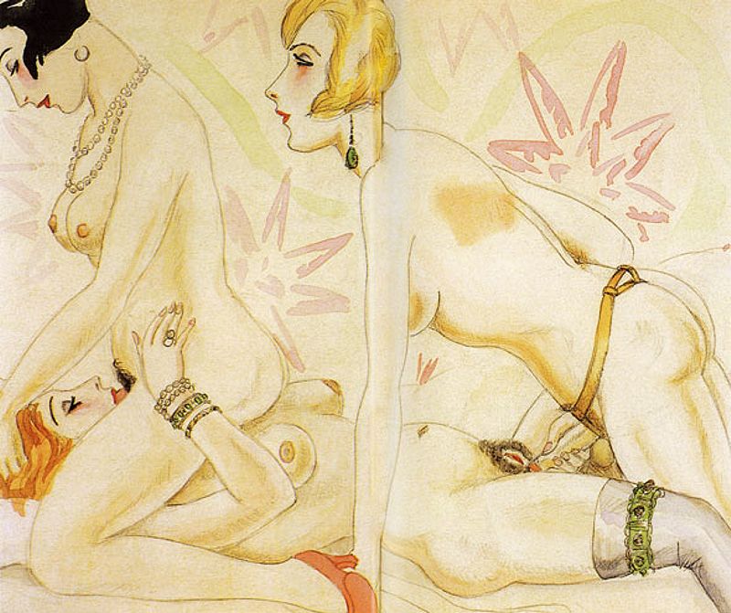 три девушки со страпоном, картинка эротической живописи