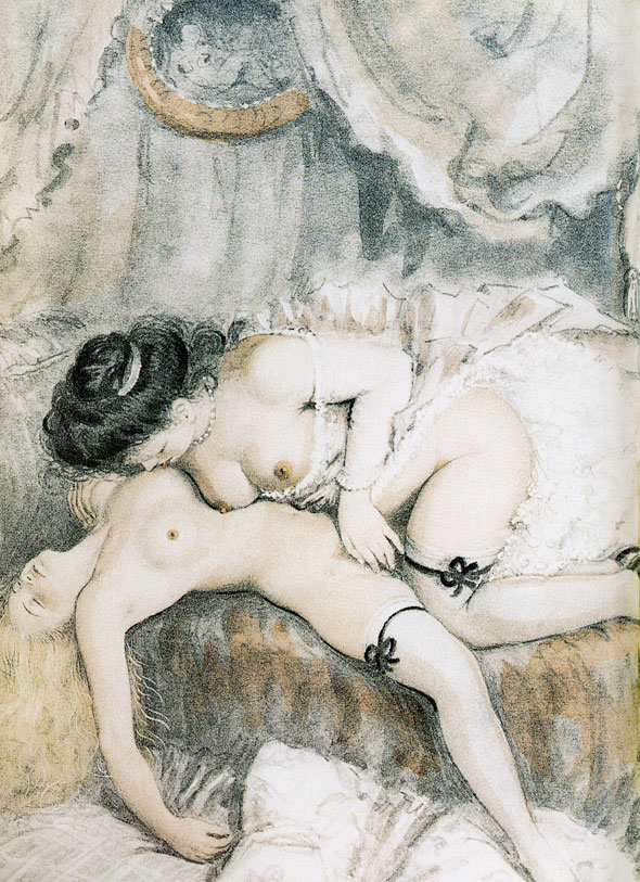 лесбийский секс на кровати девушек в чулочках с подвязками, картинка эротической живописи