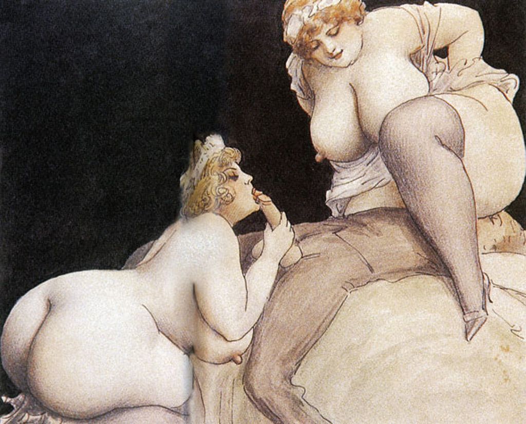 Секс с двумя голыми и очень толстыми тетками, картинка эротической живописи