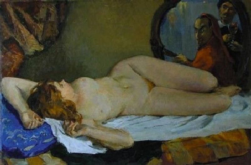 мужчины в зеркало подглядывают за голой женщиной лежащей на кровати, картинка эротической живописи