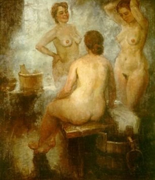 три голых толстых грации в русской бане, картинка эротической живописи