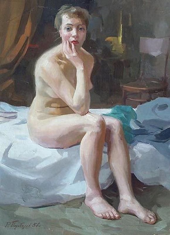 грустная зрелая женщина голышом сидит на кровати прижав руку к лицу, картинка эротической живописи