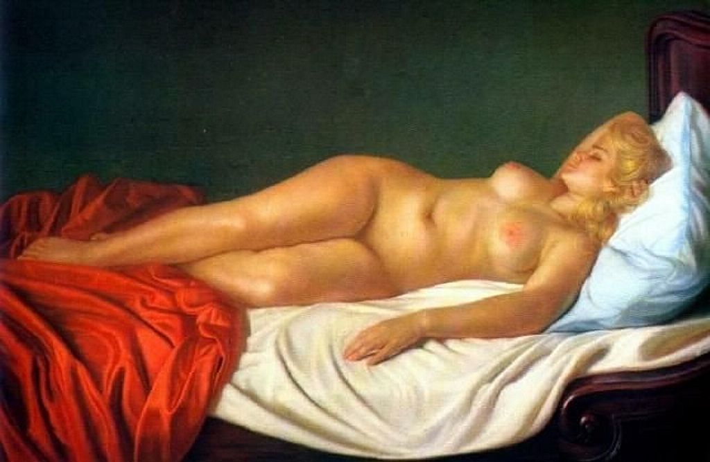 спящая на кровати толстая блондинка в неглиже, картинка эротической живописи