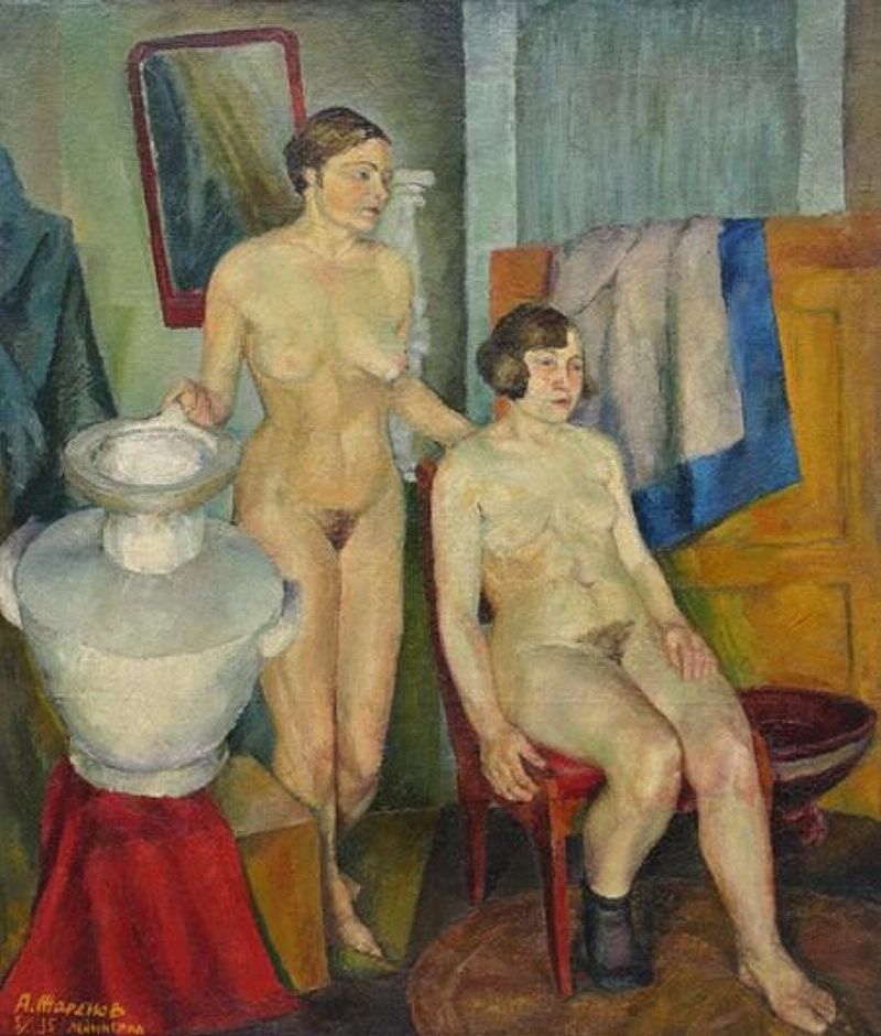 две голых зрелых тетки в мастерской художника, картинка эротической живописи