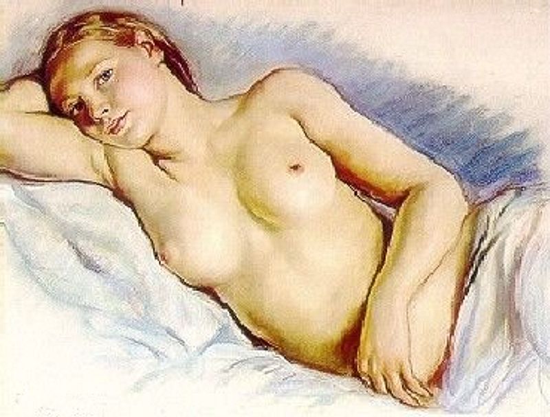 портрет круглолицей девушки с такими же круглыми сиськами, картинка эротической живописи