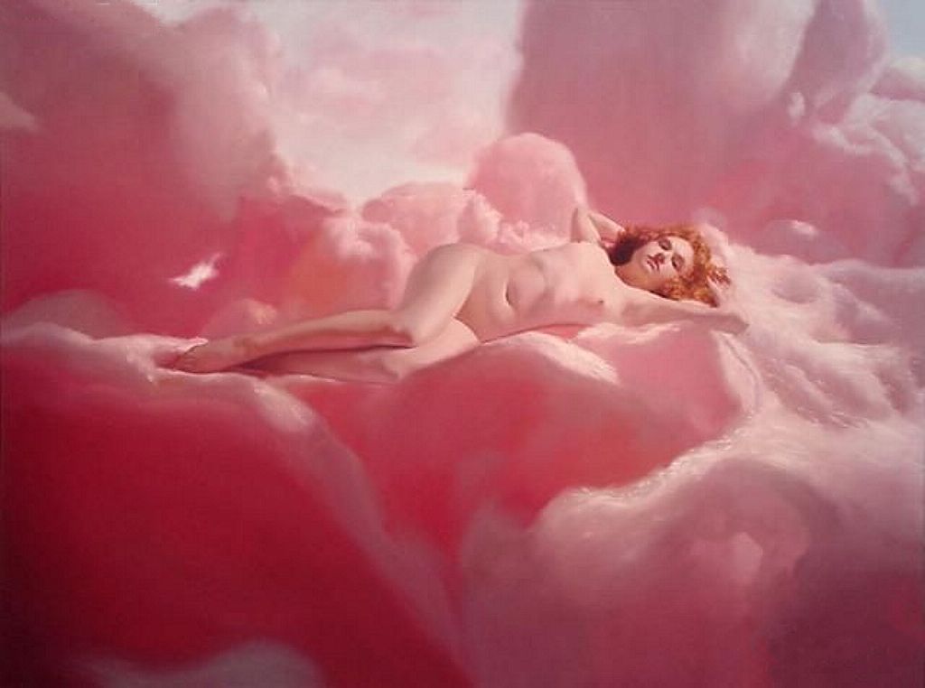 девушка с плоской грудью лежит на облаках в виде ангела, картинка эротической живописи