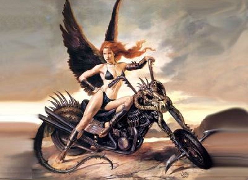 крылатая рыжая женщина в купальнике на адском мотоцикле, картинка эротической живописи