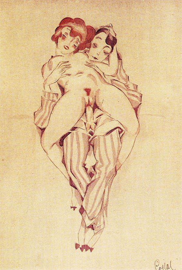 голая девушка насажена на член сидящего мужчины в полосатом костюме, картинка эротической живописи