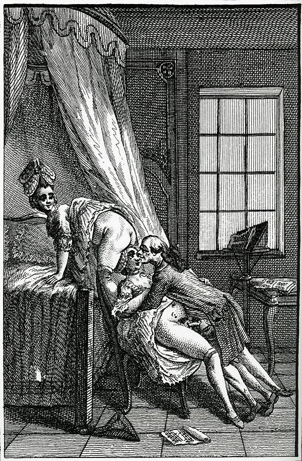 гравюра, мужчина в сексе с двумя женщинами в широких юбках, картинка эротической живописи