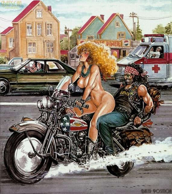 байкерша сидит на пенисе мужика на мотоцикле, поза секса байк, порно рисунок, порно графика, фото