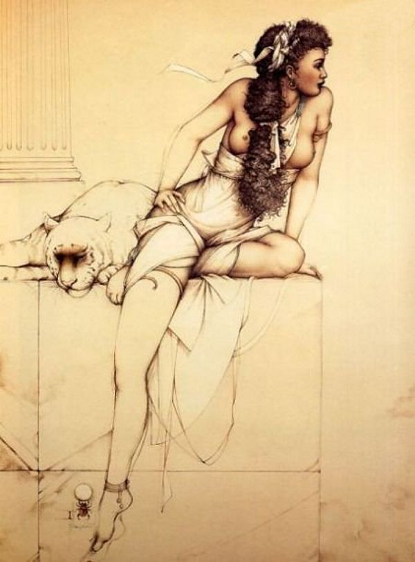 рисунок сидящей полуголой богини с дикой кошкой, порно рисунок, порно графика, фото