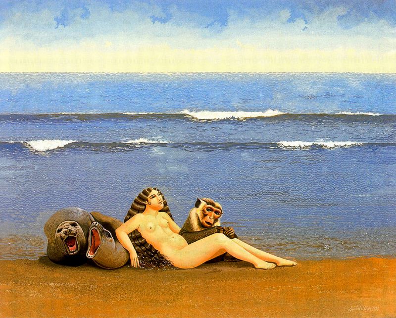 голая женщина с котиками и обезьяной на пляже, картинка секса в живописи и рисунках