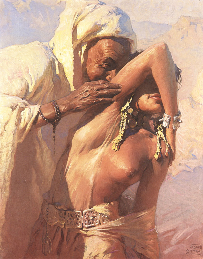 В пустыне, старый араб домогается голой девушки, картинка секса в живописи и рисунках
