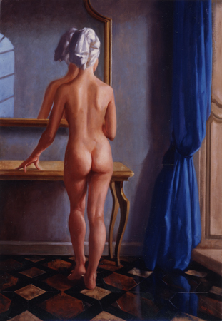 Утренний туалет обнаженной женщины перед зеркалом, картинка секса в живописи и рисунках