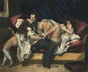 секс дворянина с тремя толстыми тетками, эротическая гравюра 002