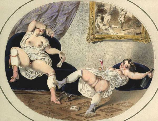две голых толстых и пьяных лесбиянки, эротическая гравюра