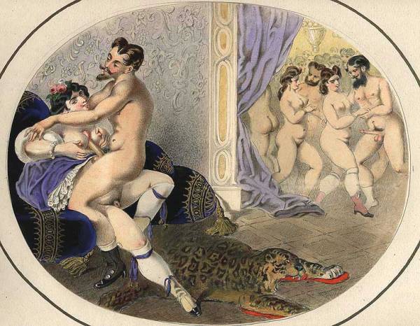 секс между сисек на балу, эротическая гравюра
