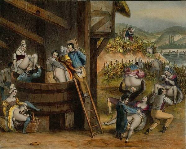 крестьянская оргия во время сбора винограда, эротическая гравюра