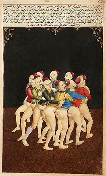 арабский народный мужской  танец с членами в задницах партнеров по кругу, эротическая гравюра