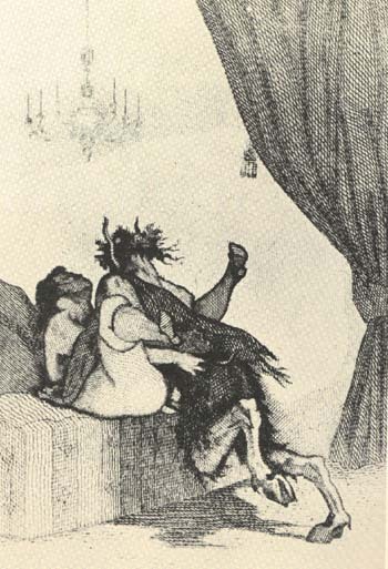 сатир трахает женщину в анус задрав ей ноги, эротическая гравюра