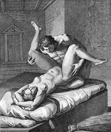 секс на постели с подушкой под задницей партнерши, эротическая гравюра