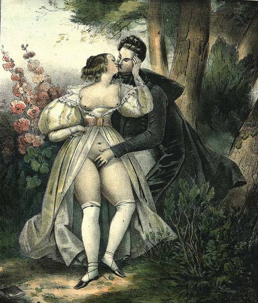 секс молодых дворян в парке, эротическая гравюра