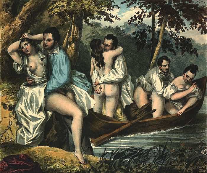групповой секс во время лодочной прогулки, эротическая гравюра