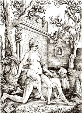 голая толстая соседка играет с мужем в лошадку в саду, эротическая гравюра