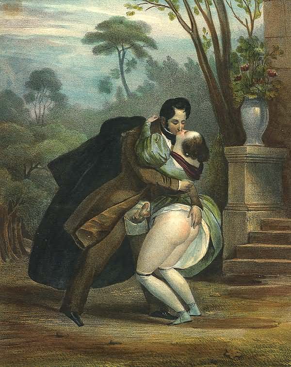 дворянское свидание в парке с задранной юбкой и поднятым членом, эротическая гравюра