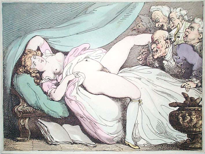 толстая императрица показывает придворным свои прелести широко раздвинув ножки, эротическая гравюра