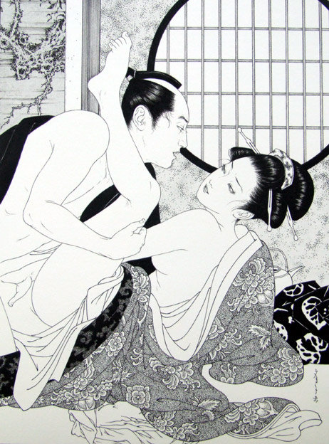 секс японского аристократа с гейшей в офицерской позе секса, эротическая гравюра