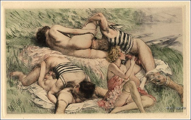 секс двух матросов с тремя девушками, эротическая гравюра